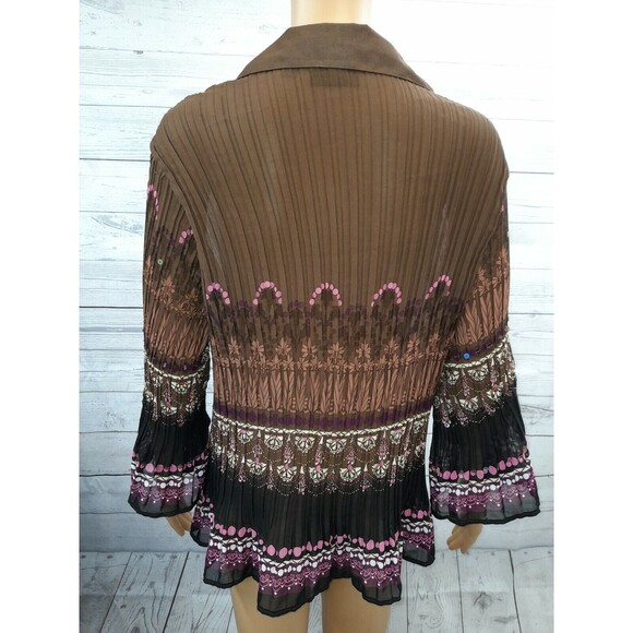 Avenue French Crinkle Pleated Button Blouse 14/16 Brown Sequins pink floral - Picture 4 of 11